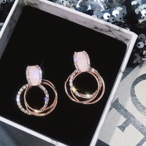 Gold & Pink Acrylic Diamond Hoop Stud Earrings - Picture 2 of 5